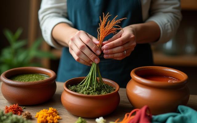 自然染料のデモンストレーション、講師が植物を持つ
